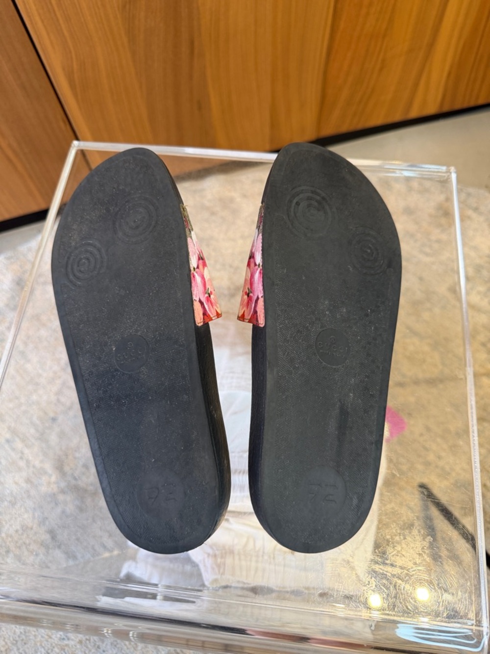 Gucci Floral Monogram Slide Sandals in Black with Pink and Green Accents - Picture 12 of 12